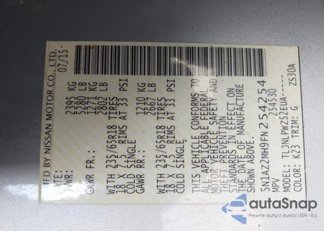 2015 Nissan Murano S from USA, damaged, VIN 5N1AZ2MH9FN254254